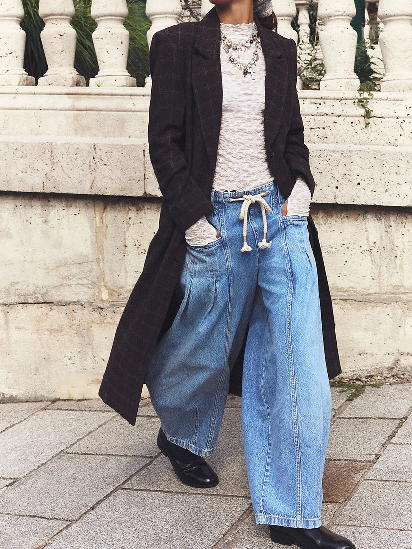 Cotton Jeans Women Wide Leg Drawstring