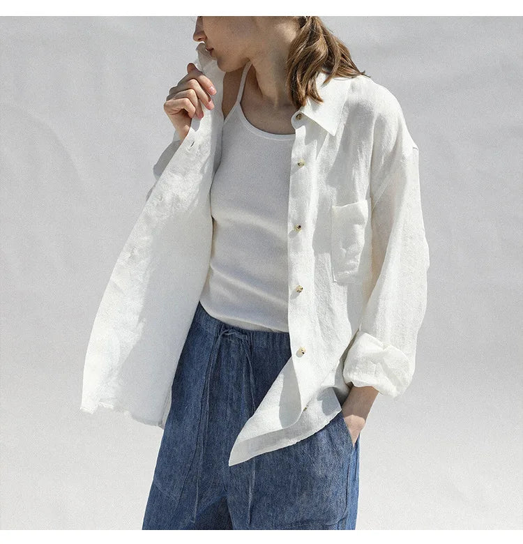 FJØRNA women's long sleeve linen blouse with a relaxed fit, featuring a classic collar and lightweight breathable fabric.