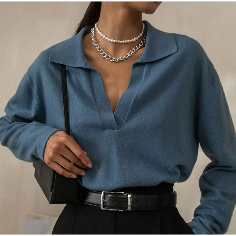 Knit Polo Top Women Collar
