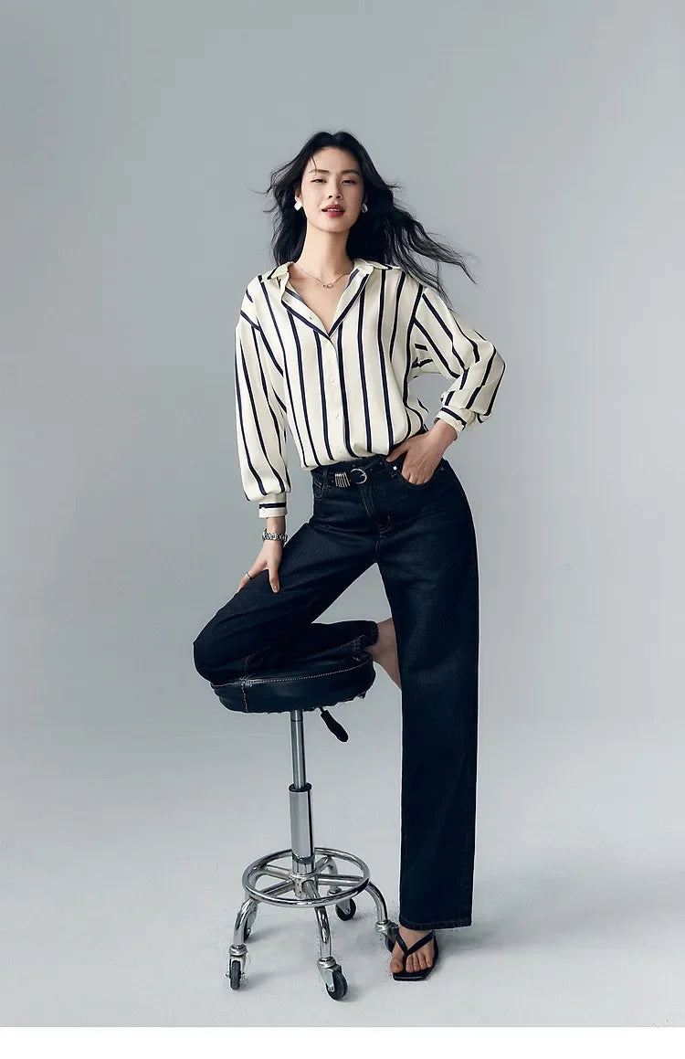 Lacceti Maren Stripe Satin Blouse with long sleeves and a relaxed fit, featuring elegant vertical stripe pattern and silky satin fabric.
