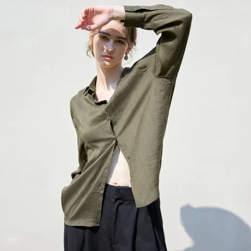 Light beige FJØRNA linen shirt for women, showcasing a relaxed fit and breathable fabric, ideal for casual and summer wear.