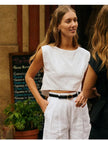 FJØRNA women's linen crop top featuring a lightweight, breathable design with a relaxed fit and stylish neckline.