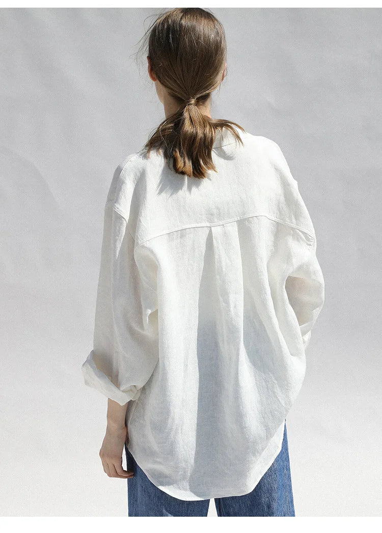 FJØRNA women's linen blouse with long sleeves, lightweight and breathable top, natural fabric and relaxed fit.