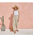 FJØRNA satin-trimmed linen cami top with delicate satin accents and lightweight linen fabric, displayed on a neutral background.