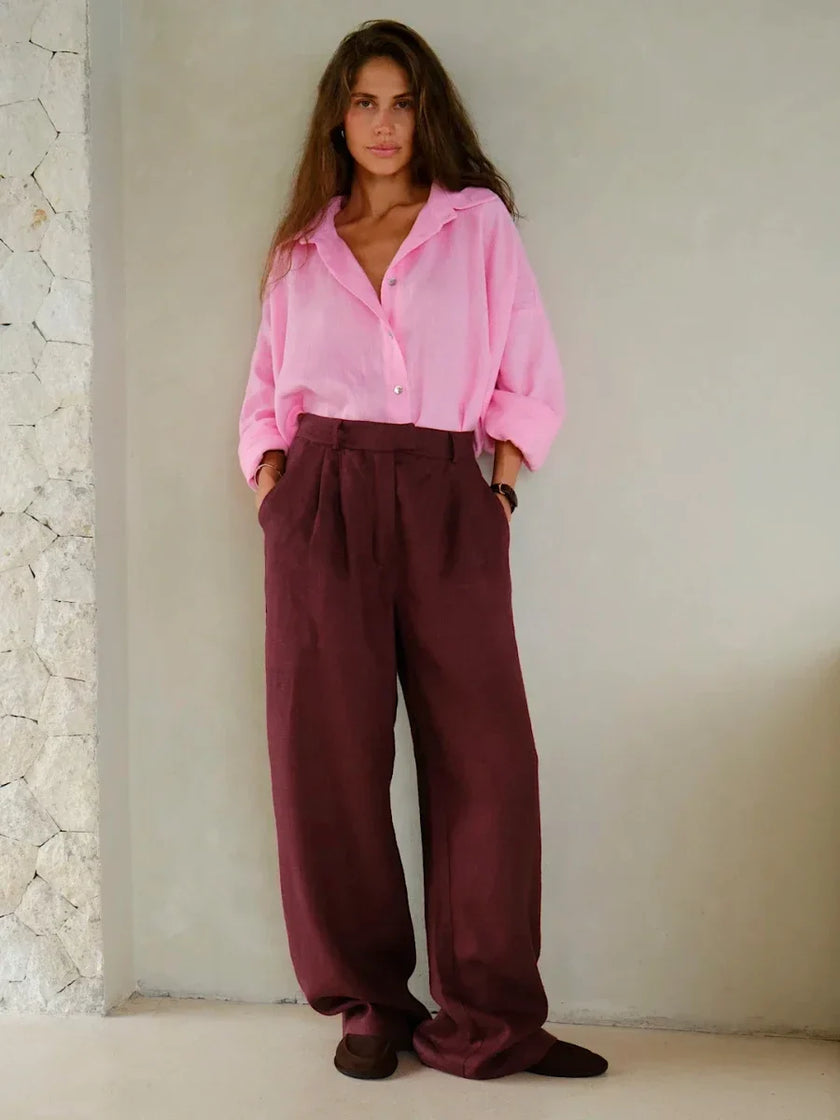 FJØRNA women's linen blend wide-leg trousers with high waist, lightweight and stylish for a comfortable, elegant look
