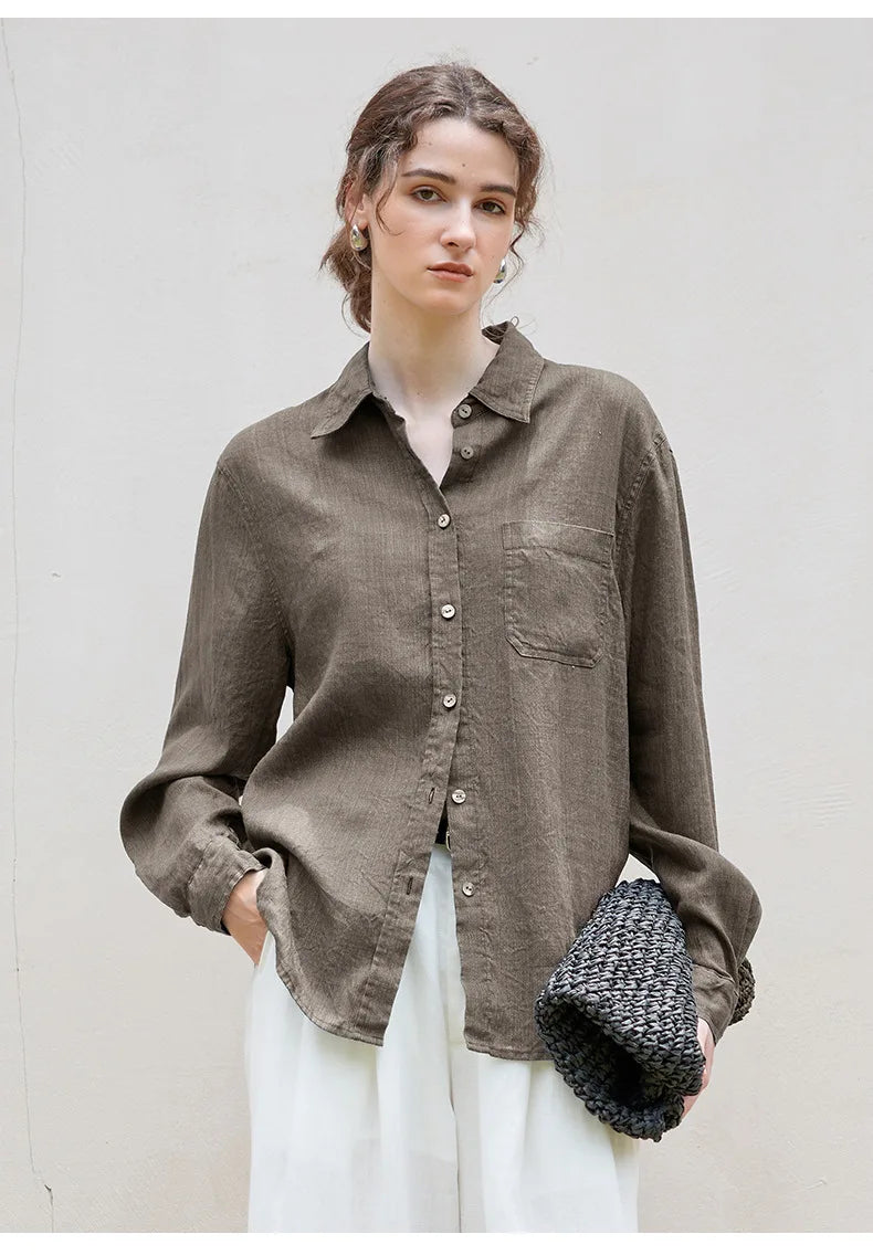 FJØRNA women's linen blend shirt, stylish lightweight top with a relaxed fit, featuring a button-up front and classic collar.