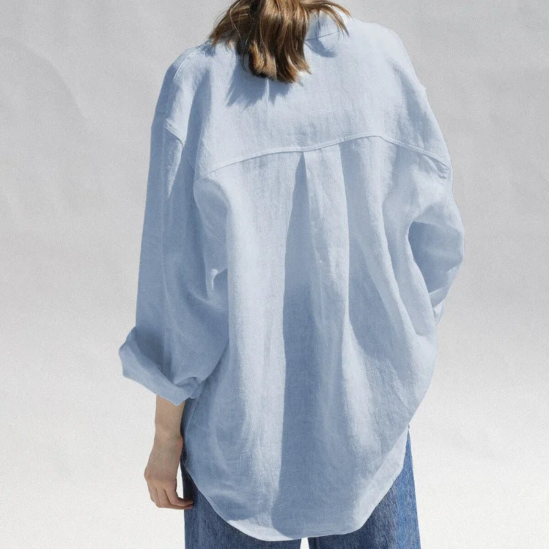 FJØRNA women's linen blouse with long sleeves, lightweight and breathable top for casual or office wear.
