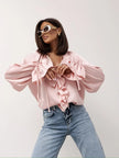 FJØRNA women's satin blouse with ruffle detail, stylish tops for women in a smooth, shiny fabric, ideal for elegant occasions.