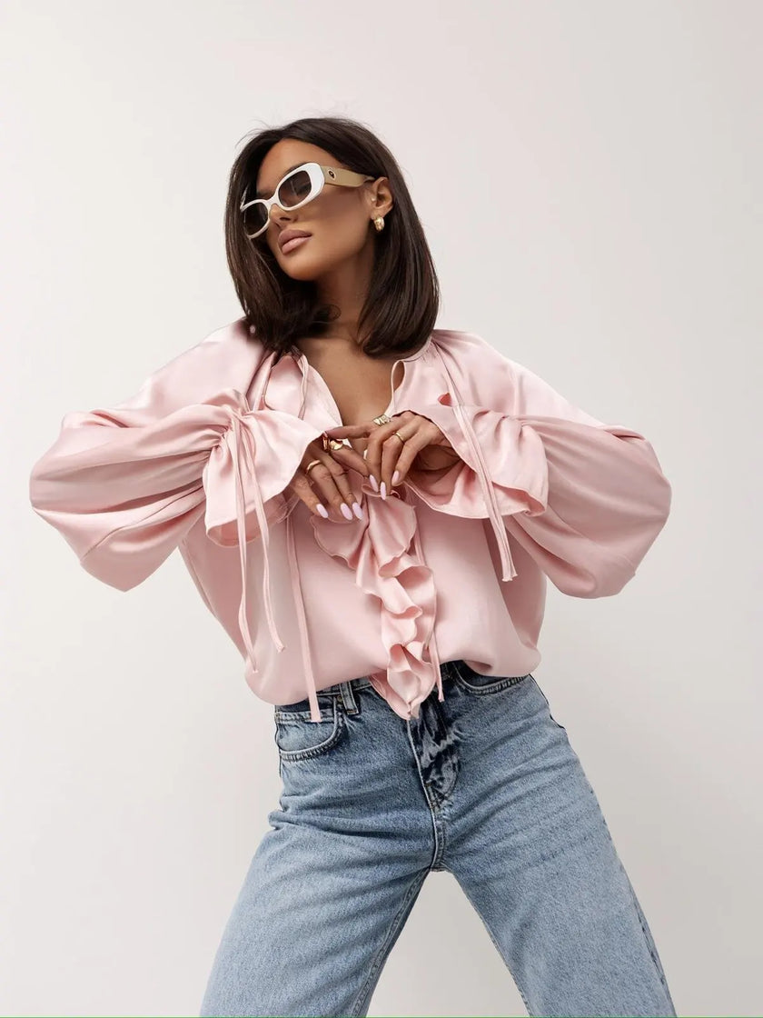 FJØRNA women's satin blouse with ruffle detail, stylish tops for women in a smooth, shiny fabric, ideal for elegant occasions.