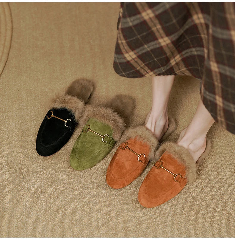FJØRNA women's fur mule slippers with plush lining and slip-on design, showcasing cozy, luxury footwear for women.