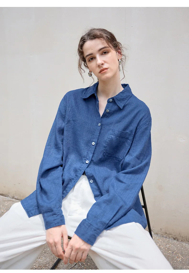 FJØRNA women's linen blend shirt, lightweight and breathable tops for women, shown in a relaxed fit with a classic collar.