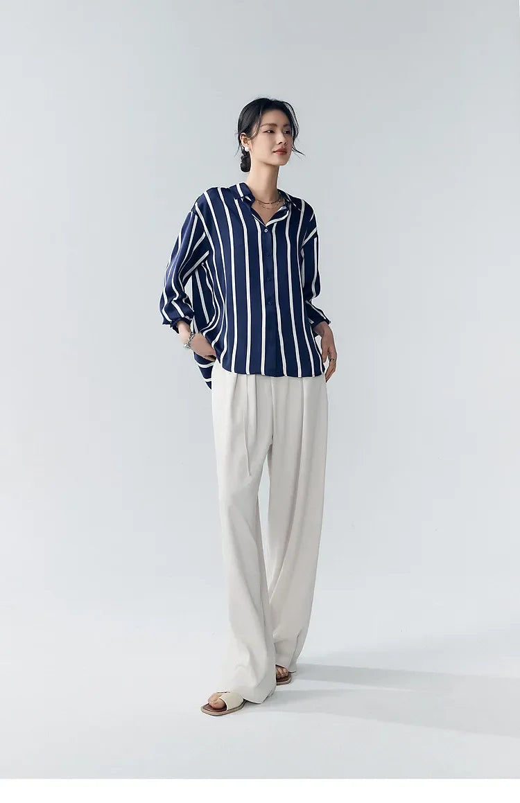 Lacceti Maren Stripe Satin Blouse featuring a sleek satin fabric with stylish horizontal stripes and a classic button-up design.