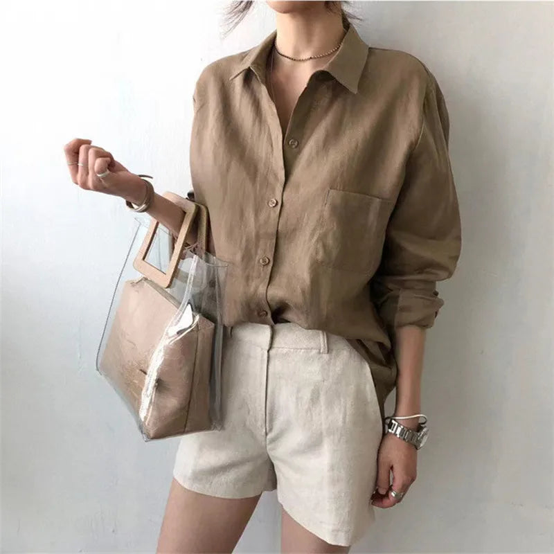 FJØRNA women's linen shirt with open collar, lightweight and breathable top for women, casual and stylish clothing.