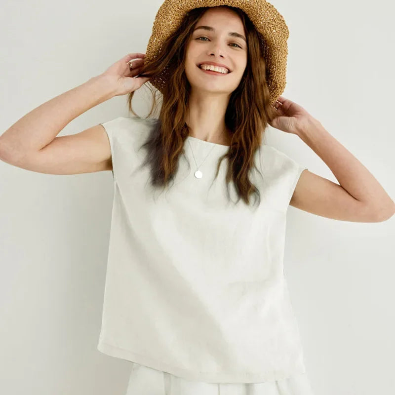 FJØRNA Petal Sleeve Linen T-Shirt featuring soft linen fabric and elegant petal sleeve design, ideal for casual wear.