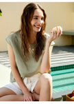 FJØRNA Petal Sleeve Linen T-Shirt featuring flowy petal sleeves and lightweight linen fabric, casual and stylish for warm weather.