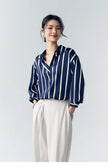 Lacceti Maren Stripe Satin Blouse with long sleeves, featuring a stylish stripe pattern and a smooth satin finish.