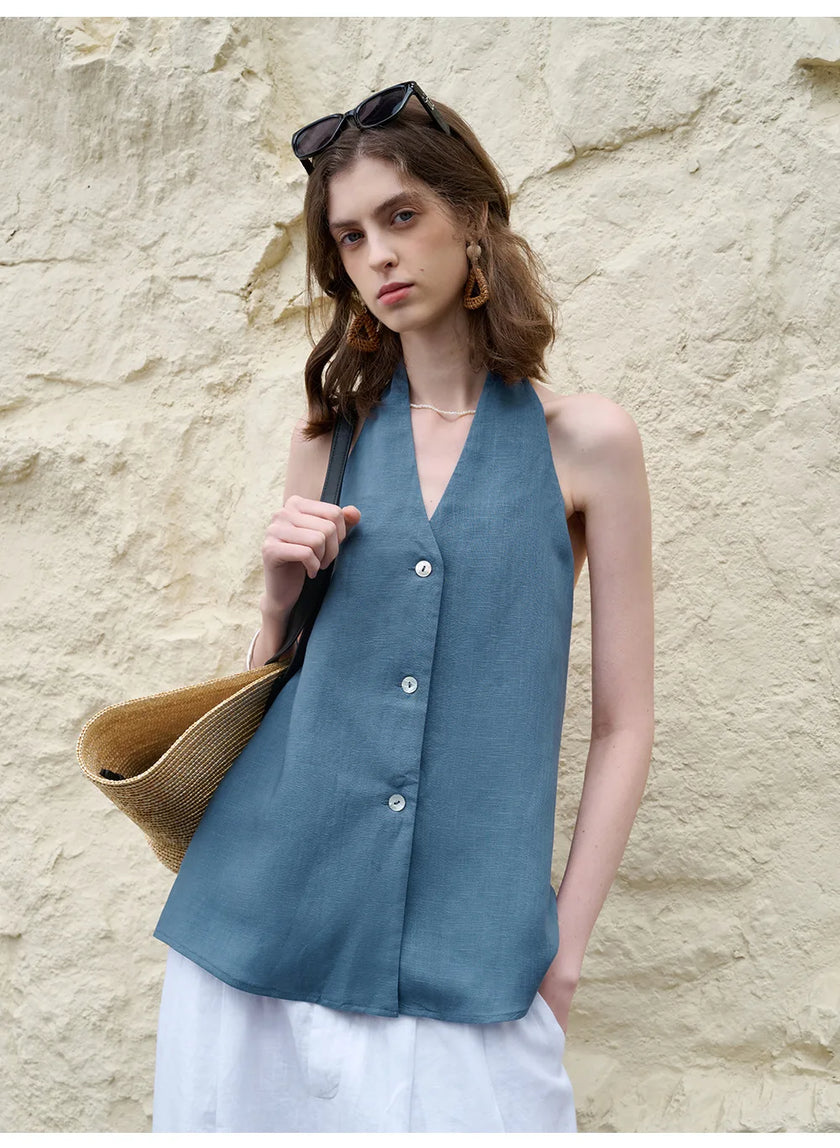FJØRNA women's linen waistcoat with halter neck and sleeveless design, stylish top for casual or summer wear.