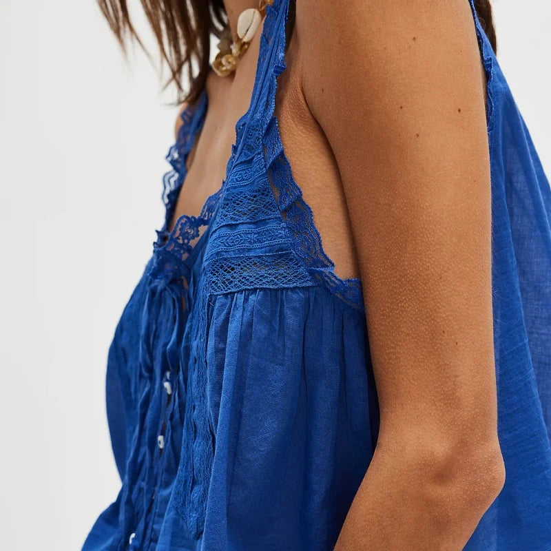 FJØRNA women’s lace cami top with trim, featuring delicate lace fabric and slim straps for a stylish, feminine look.