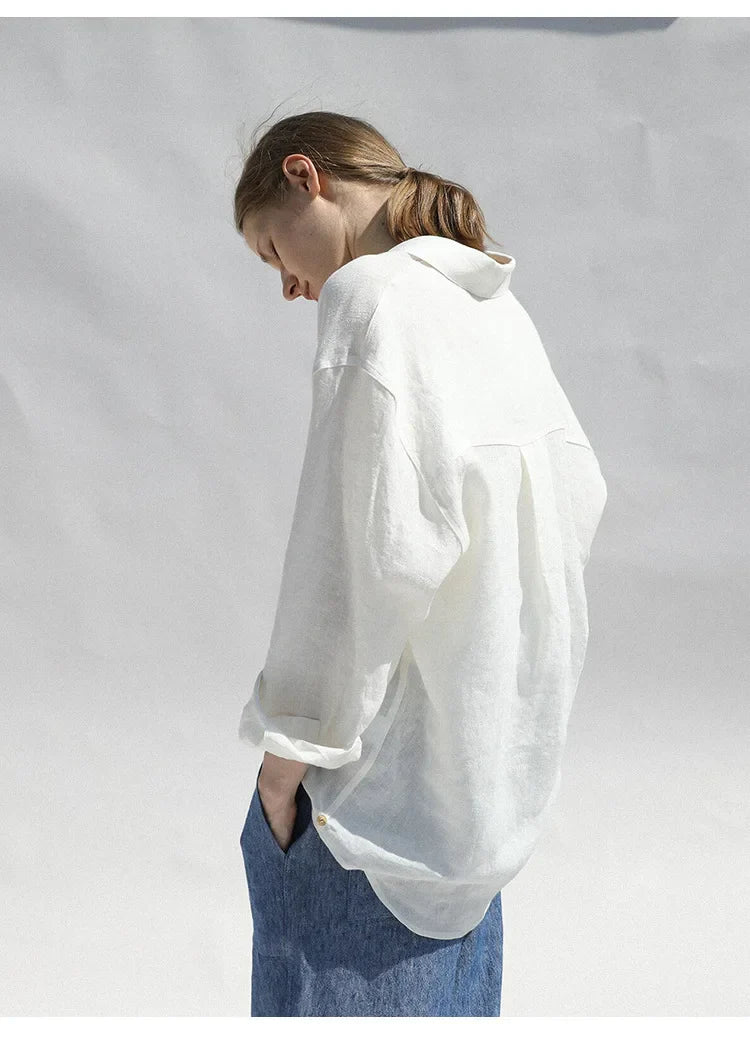 FJØRNA women's long sleeve linen blouse, lightweight and breathable top with relaxed fit, natural fabric and casual style.
