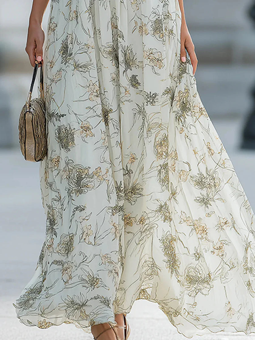 FJØRNA Fiona Flowy Halter Maxi Dress in lightweight fabric with a flowing silhouette and halter neckline, shown on a model.