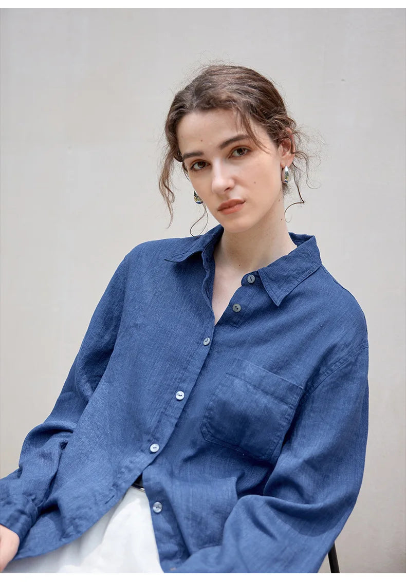 FJØRNA women's linen blend shirt, lightweight tops with a relaxed fit, featuring a classic collar and button-down front.