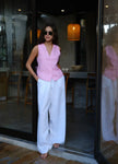 FJØRNA linen blend women's wide leg high waist trousers, stylish and comfortable pants with a relaxed fit and natural fabric.