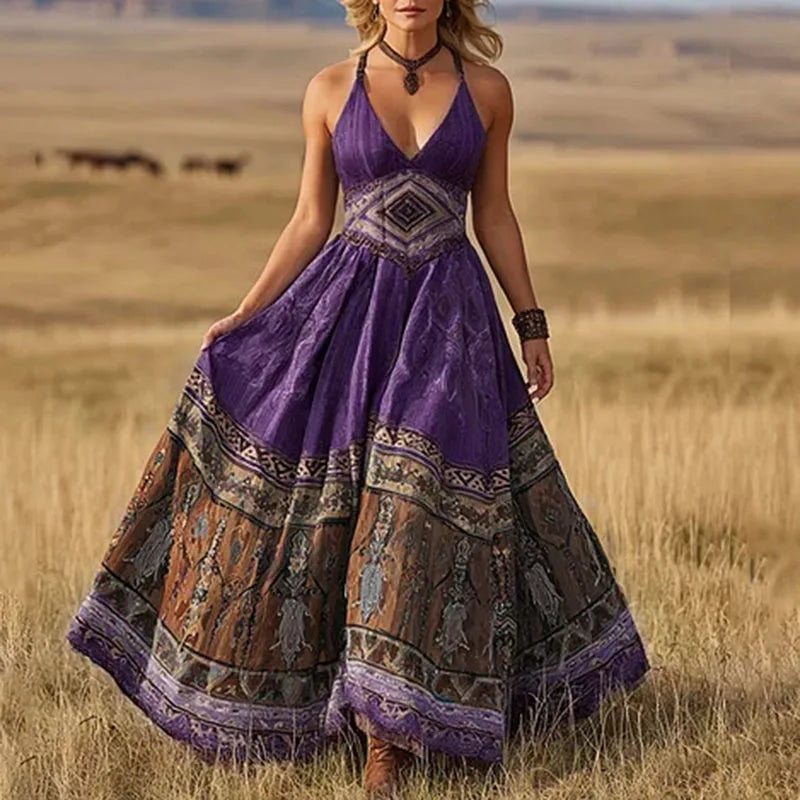 FJØRNA Calisara printed empire waist maxi dress in white, featuring a flowing design and floral pattern, perfect for summer wear.