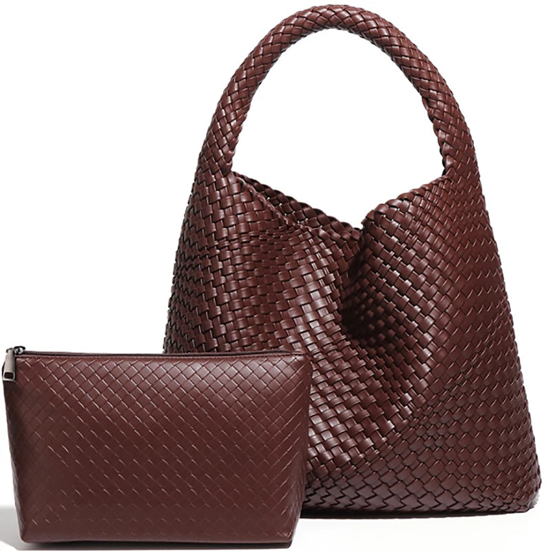 Ingrid | Handwoven Faux Leather Tote Bag with Clutch – Chic & Spacious