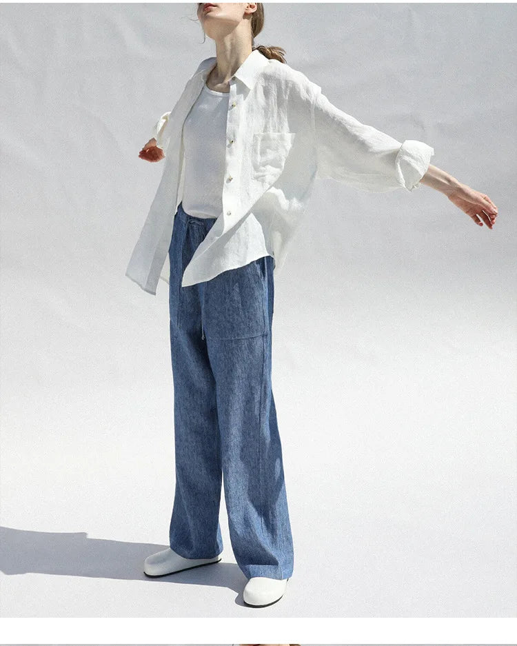 FJØRNA women's long sleeve linen blouse, stylish and breathable top with a relaxed fit, perfect for casual or office wear