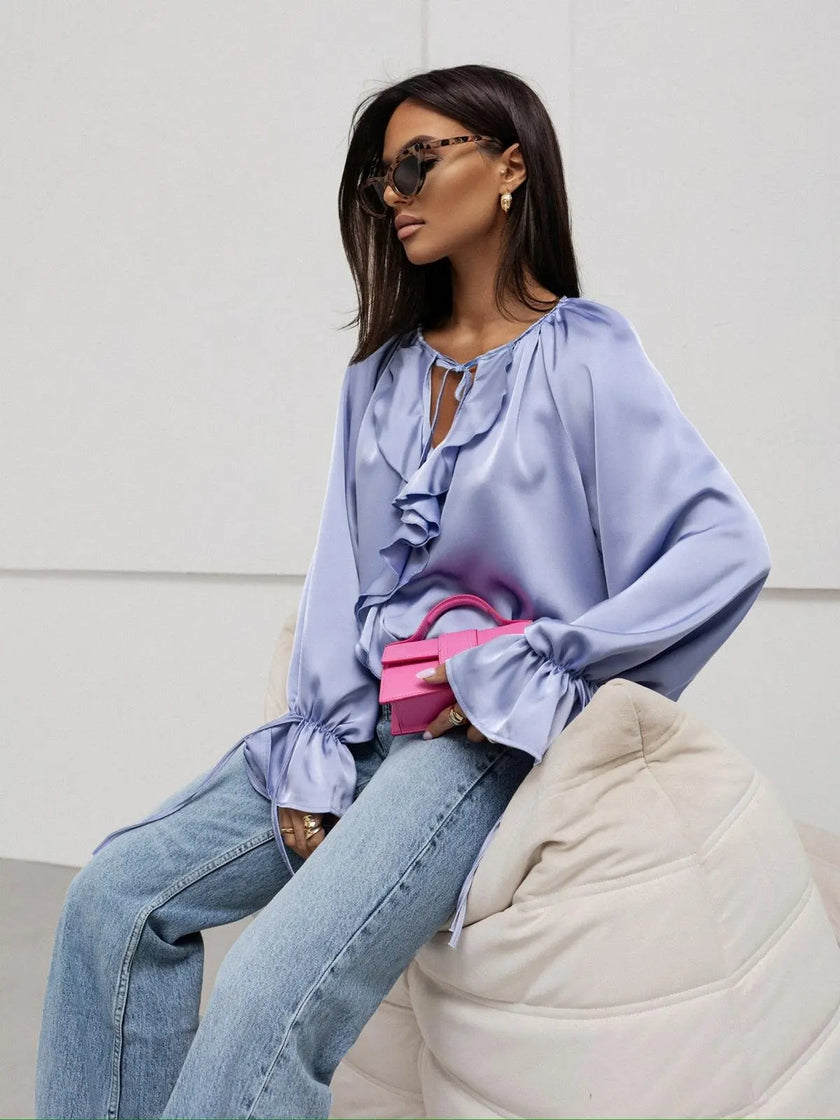 FJØRNA satin women's blouse with ruffle detail, stylish tops for women, soft fabric and elegant design