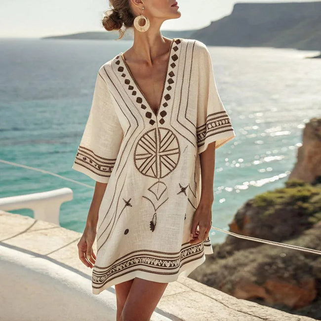 FJØRNA women's summer mini dress with floral print, V-neck, flowy tailored fit, perfect for warm weather and casual occasions.