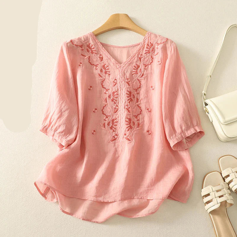 FJØRNA women's cotton V-neck blouse, lightweight top with long sleeves and relaxed fit, stylish and comfortable for everyday wear.