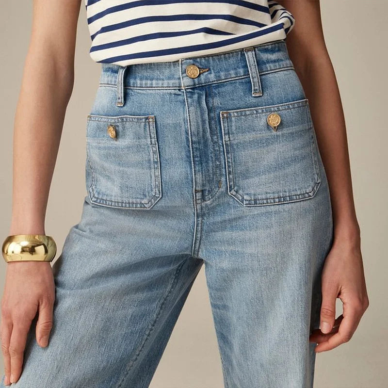 FJØRNA women's cotton wide-leg high-waist jeans, stylish pants with a relaxed fit and comfortable high-rise design.