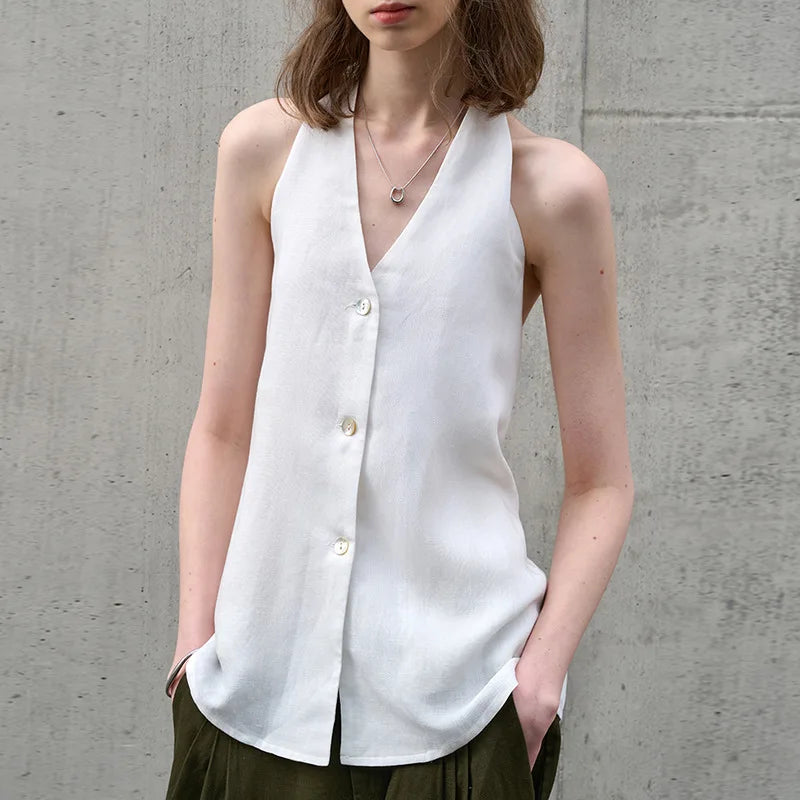 FJØRNA women's linen waistcoat with halter neck and sleeveless design, stylish summer top in natural linen fabric.