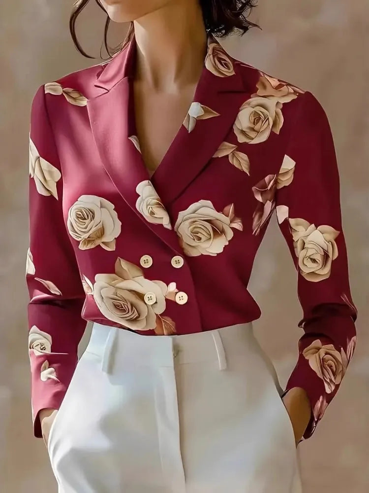 FJØRNA women's floral satin summer blouse with short sleeves and a relaxed fit, featuring a vibrant floral pattern.