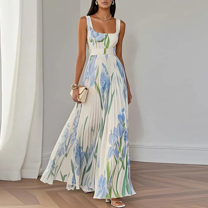 FJØRNA elegant floral maxi dress for women with A-line silhouette, lightweight fabric, and stylish design.