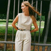 FJØRNA linen crop top for women, lightweight and breathable, featuring a stylish design perfect for warm weather.