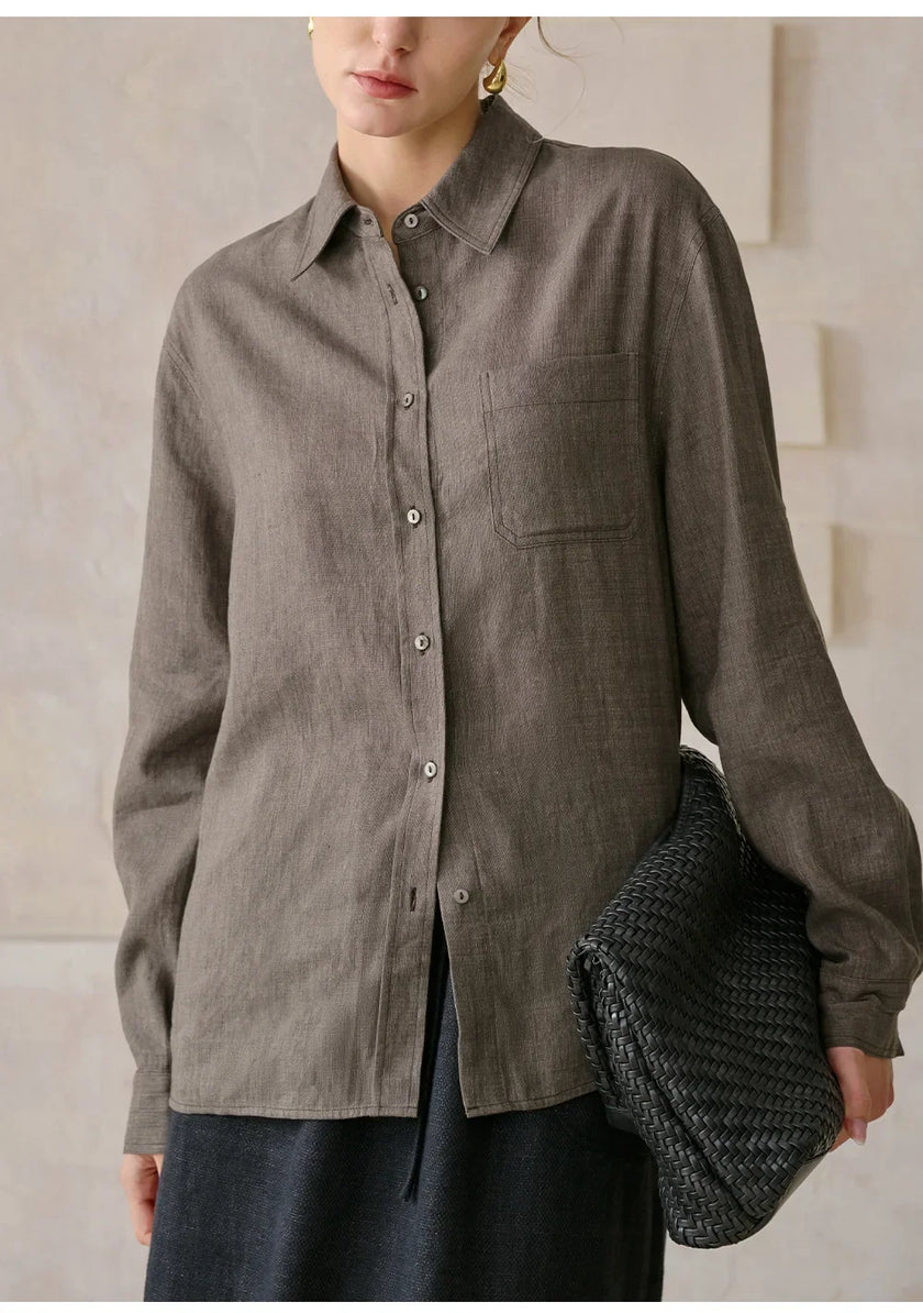 Women’s linen blend shirt by FJØRNA, lightweight and airy top with a relaxed fit, shown in a soft, natural fabric.