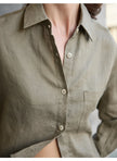 FJØRNA linen crop top for women with pleated design and long sleeves, styled as a casual, lightweight blouse.