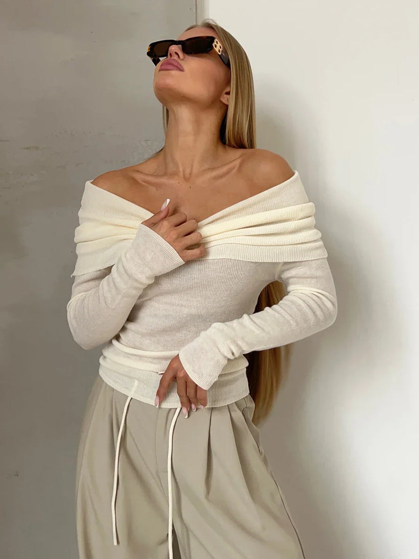 FJØRNA women's off-shoulder ribbed knit top, stylish and fitted, shown on a model with a close-up of the textured fabric.