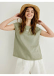 FJØRNA Petal Sleeve Linen T-Shirt in light, breathable fabric with elegant petal sleeve design, perfect for casual summer wear.