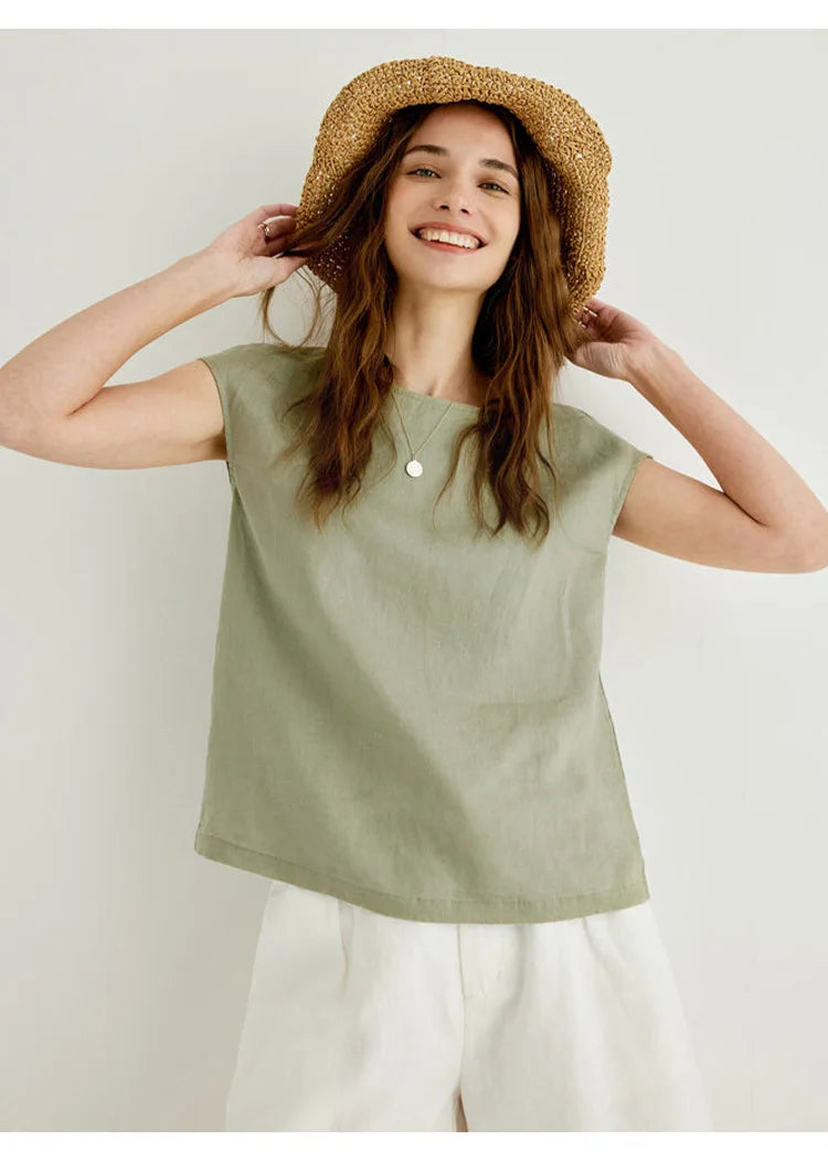 FJØRNA Petal Sleeve Linen T-Shirt in light, breathable fabric with elegant petal sleeve design, perfect for casual summer wear.