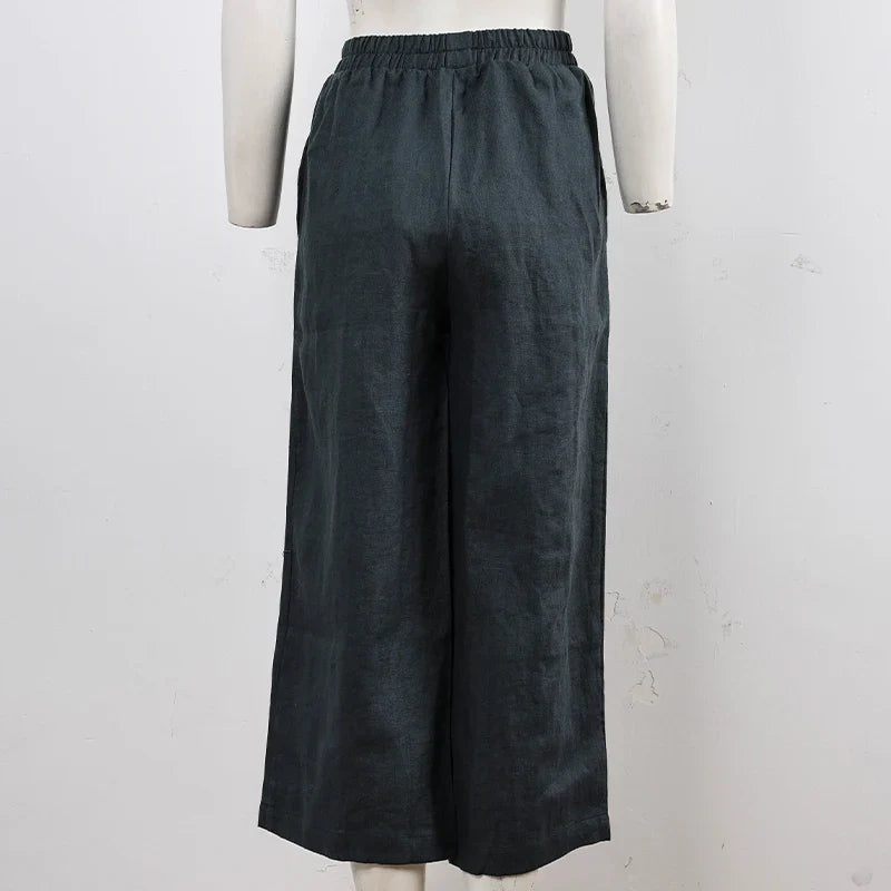 Linen Wide Leg Trousers Women Drawstring Pull-On