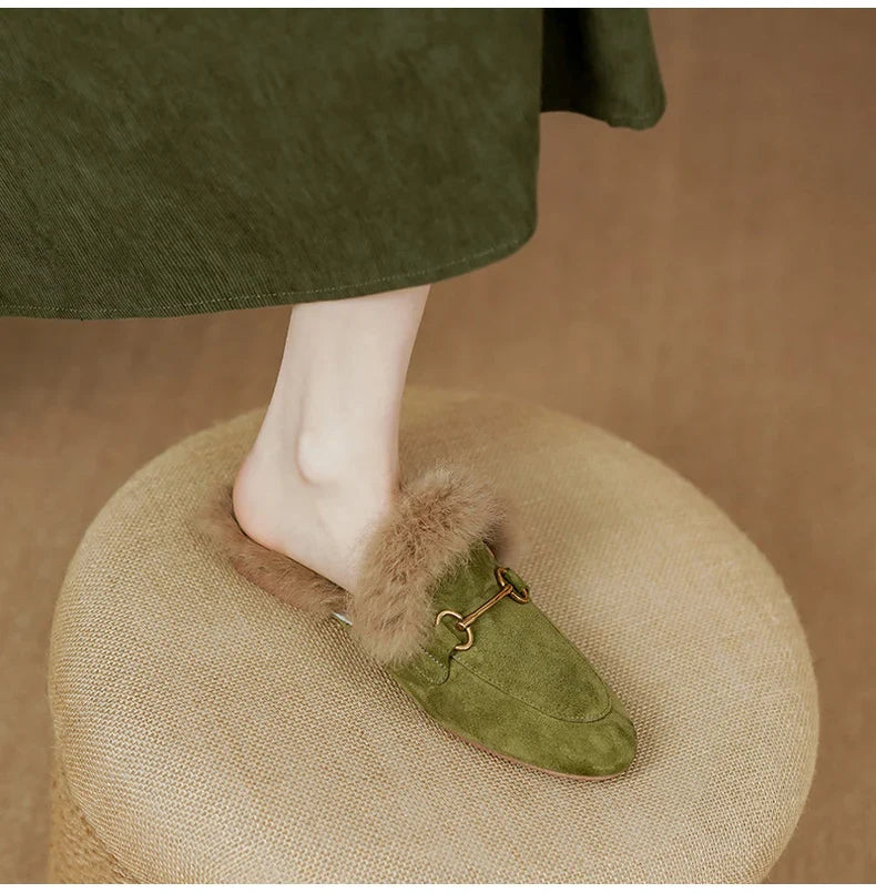 FJØRNA women's plush-lined fur mule slippers with slip-on design, soft and luxurious for cozy indoor wear.