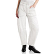 FJØRNA women's denim jeans with a relaxed barrel leg fit, showcasing classic blue denim and stylish casual design.