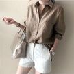 FJØRNA women’s linen shirt with open collar, lightweight and breathable top, casual stylish blouse for warm weather.