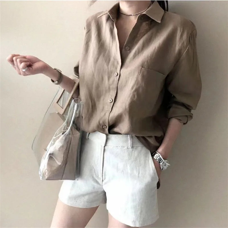 FJØRNA women’s linen shirt with open collar, lightweight and breathable top, casual stylish blouse for warm weather.
