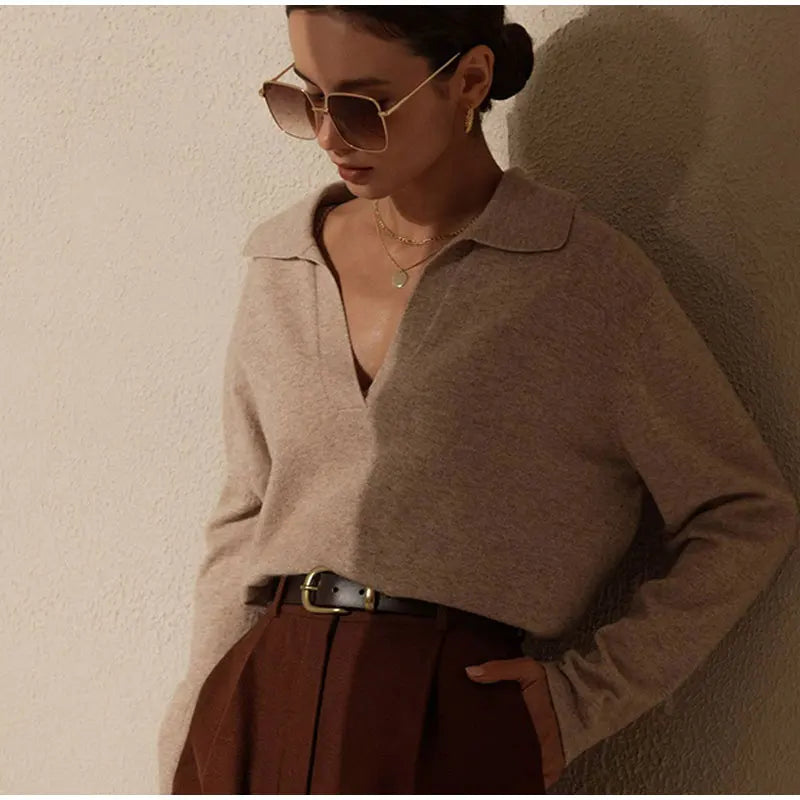 Knit Polo Top Women Collar