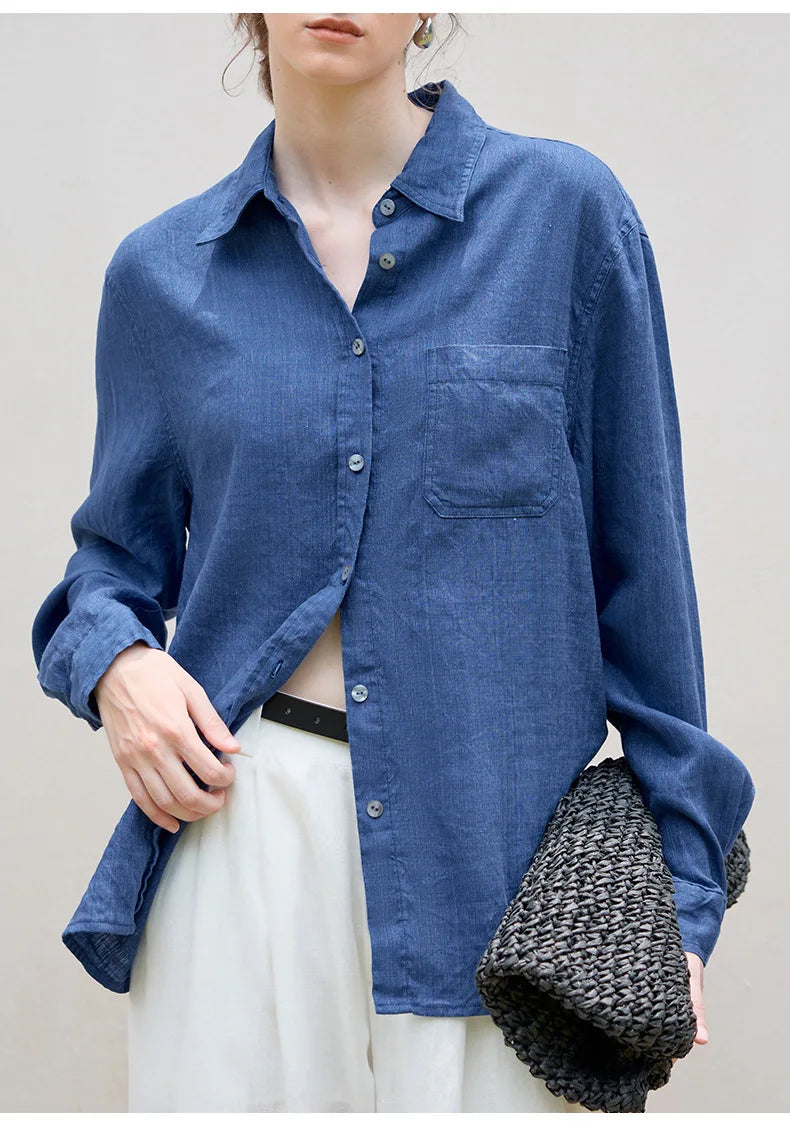 FJØRNA linen blend women's shirt, stylish and breathable tops for women, with a relaxed fit and soft fabric.