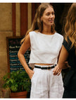 FJØRNA women's linen crop top featuring a lightweight, breathable fabric with a stylish, fitted design for casual wear.